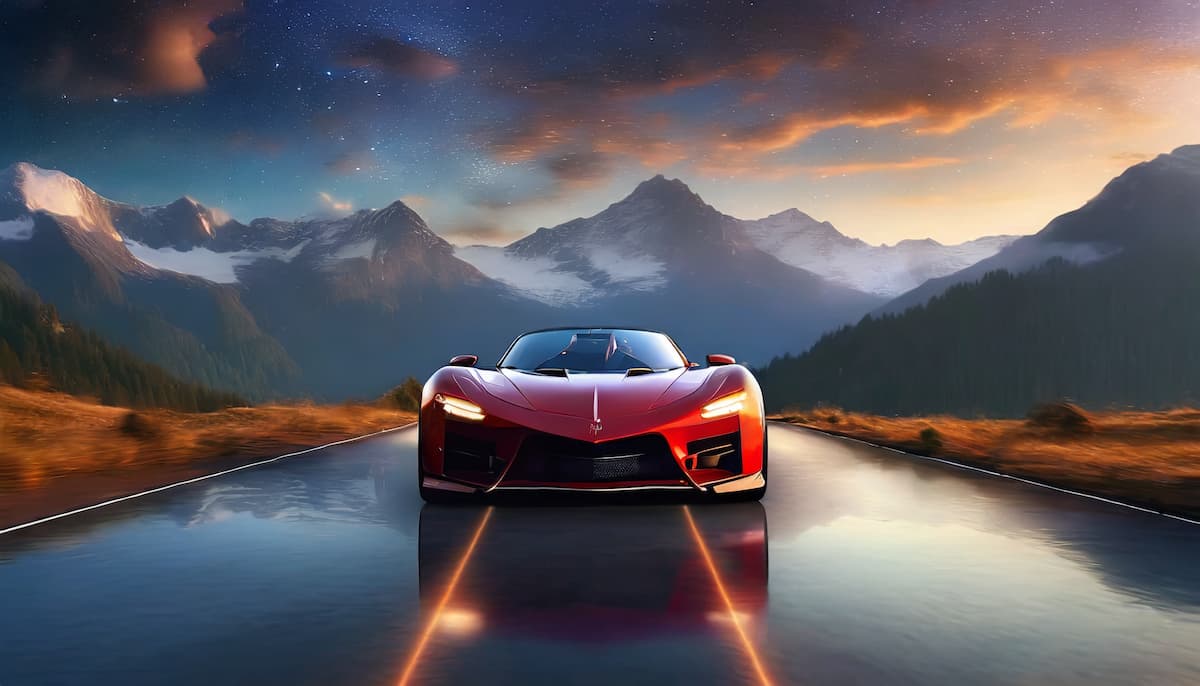 firefly red sportscar on road, 3d, photo realistic, on open round with beautiful mountainous backgro (2)